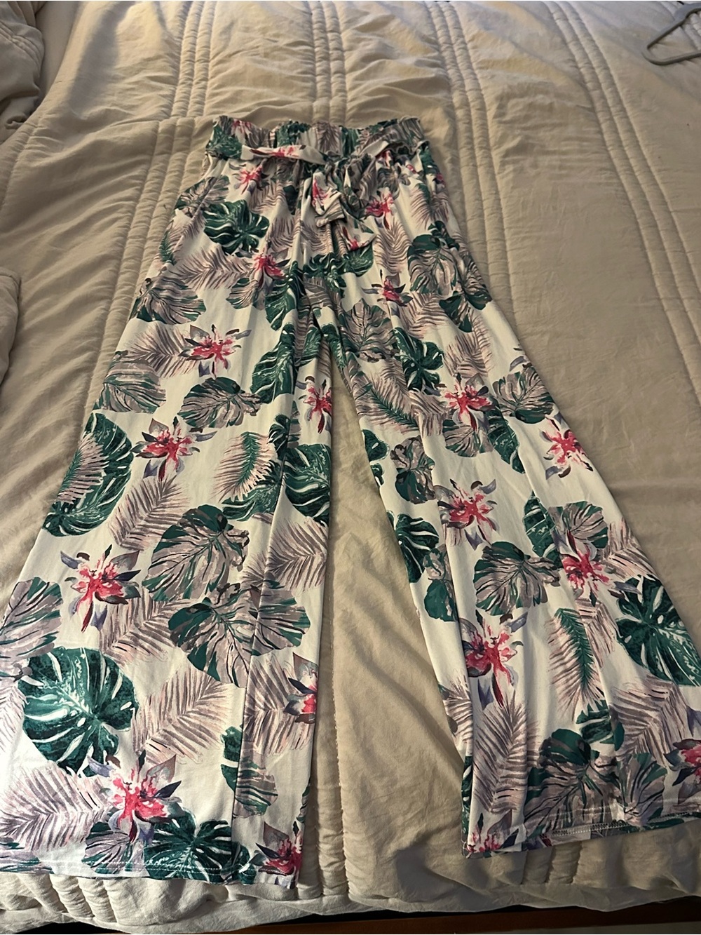 Tropical Print Wide-Leg Women's Jumpsuit Pants - White with Green & Pink Floral